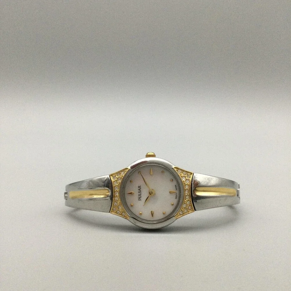 Pulsar Womens Watch 20mm MOP Dial Two Tone Crystals VX50-X252 Bracelet 5.75